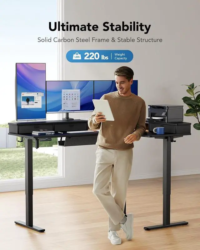 Alt view image 3 of 7 - 65 L-Shaped Standing Desk with Power Outlets & LED Strip, Electric Height Adjustable Corner Computer Desk, Sit Stand Up Desk with 3 Drawers, Black