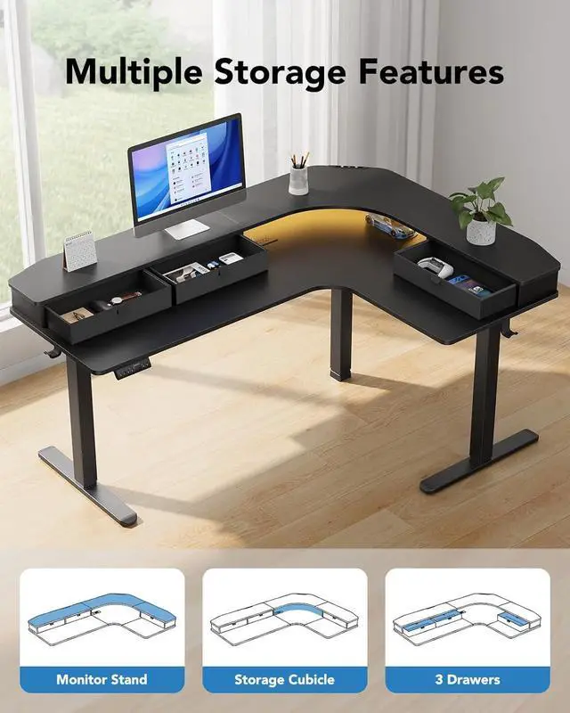 Alt view image 4 of 7 - 65 L-Shaped Standing Desk with Power Outlets & LED Strip, Electric Height Adjustable Corner Computer Desk, Sit Stand Up Desk with 3 Drawers, Black