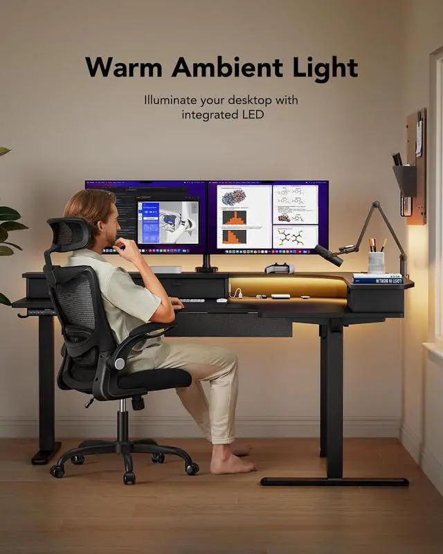 Alt view image 6 of 7 - 65 L-Shaped Standing Desk with Power Outlets & LED Strip, Electric Height Adjustable Corner Computer Desk, Sit Stand Up Desk with 3 Drawers, Black