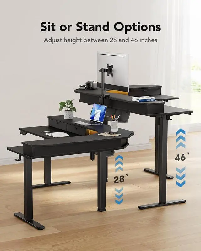 Alt view image 7 of 7 - 65 L-Shaped Standing Desk with Power Outlets & LED Strip, Electric Height Adjustable Corner Computer Desk, Sit Stand Up Desk with 3 Drawers, Black