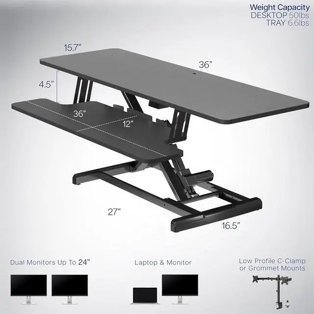 Alt view image 3 of 7 - 36 inch Electric Motor Desk Converter, Height Adjustable Riser, Sit to Stand Dual Monitor and Laptop Workstation with Wide Keyboard Tray, Black, DESK-VE36B by DT