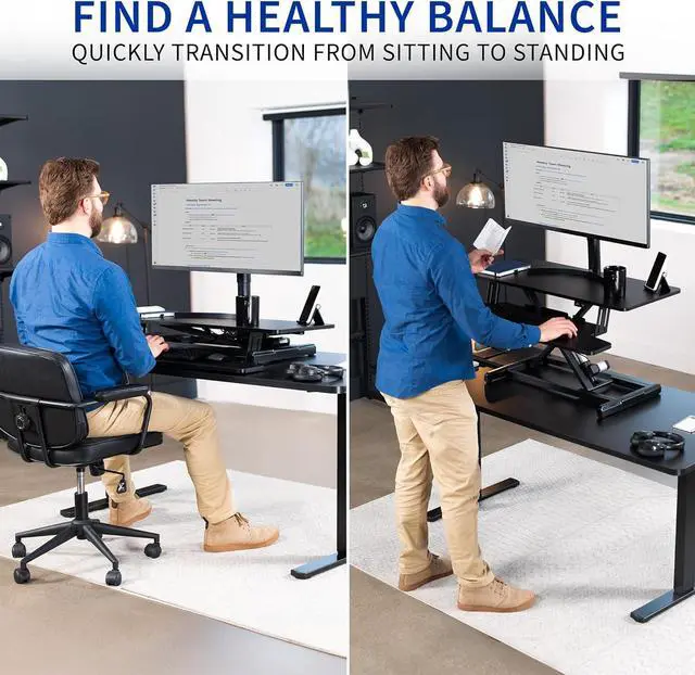 Alt view image 7 of 7 - 36 inch Electric Motor Desk Converter, Height Adjustable Riser, Sit to Stand Dual Monitor and Laptop Workstation with Wide Keyboard Tray, Black, DESK-VE36B by DT