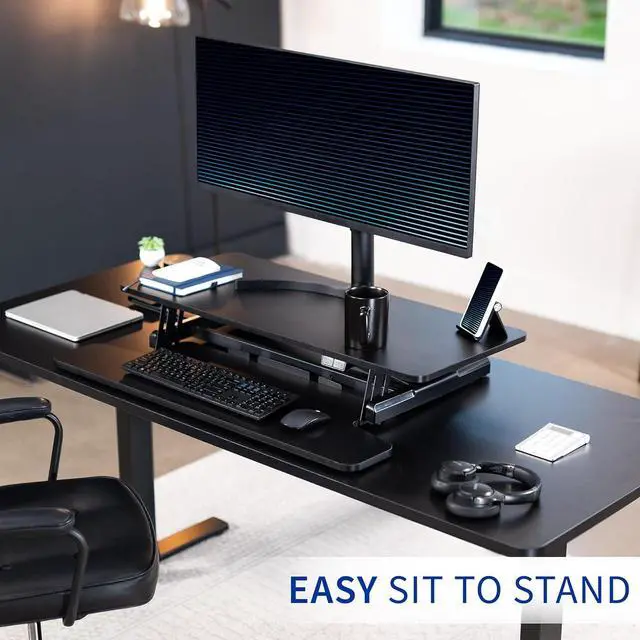 Alt view image 5 of 7 - 36 inch Electric Motor Desk Converter, Height Adjustable Riser, Sit to Stand Dual Monitor and Laptop Workstation with Wide Keyboard Tray, Black, DESK-VE36B by DT