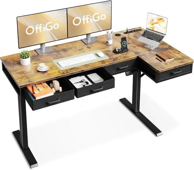 Main image of L Shaped Electric Standing Desk with Drawers, Height Adjustable Large Desk with Power Outlets, Sit Stand Table, Writing Computer Desk for Home, Office, Workstation, Rustic Brown