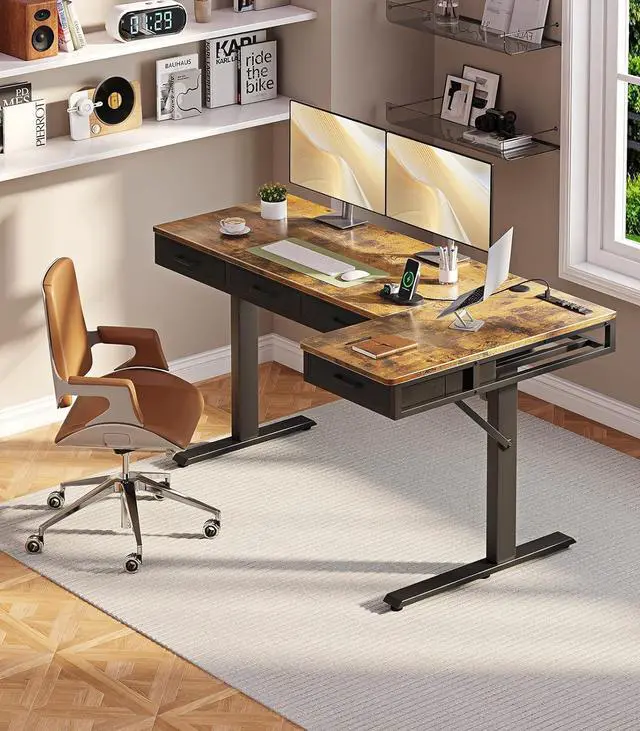 Alt view image 2 of 7 - L Shaped Electric Standing Desk with Drawers, Height Adjustable Large Desk with Power Outlets, Sit Stand Table, Writing Computer Desk for Home, Office, Workstation, Rustic Brown