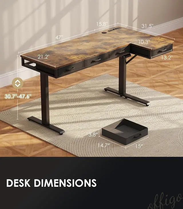 Alt view image 3 of 7 - L Shaped Electric Standing Desk with Drawers, Height Adjustable Large Desk with Power Outlets, Sit Stand Table, Writing Computer Desk for Home, Office, Workstation, Rustic Brown