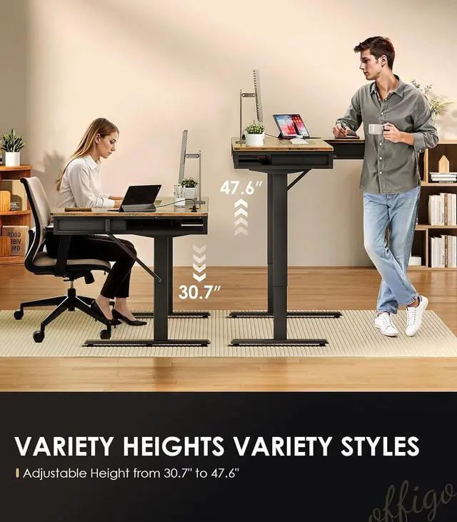Alt view image 4 of 7 - L Shaped Electric Standing Desk with Drawers, Height Adjustable Large Desk with Power Outlets, Sit Stand Table, Writing Computer Desk for Home, Office, Workstation, Rustic Brown