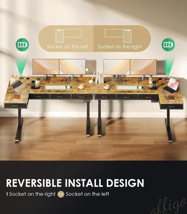 Alt view image 6 of 7 - L Shaped Electric Standing Desk with Drawers, Height Adjustable Large Desk with Power Outlets, Sit Stand Table, Writing Computer Desk for Home, Office, Workstation, Rustic Brown