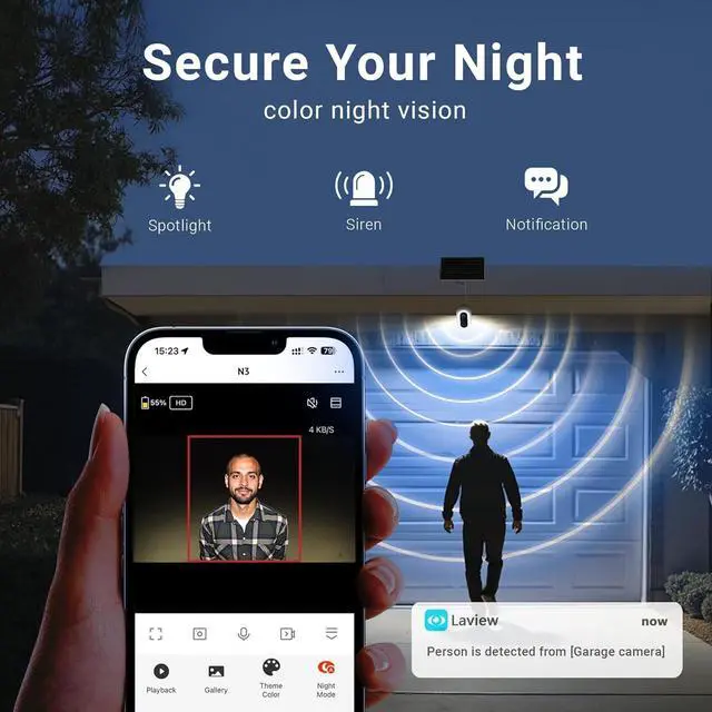 Alt view image 7 of 7 - Laview 2K Solar Security Cameras Wireless Outdoor, Rechargeable Battery Wifi Cameras for Home Security with Spotlight Color Night Vision,Siren Alarm,AI Human Detection,IP65,2-Way Talk,Cloud/SD Storage