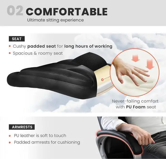 Alt view image 5 of 7 - NEO CHAIR Office Chair Computer Desk Chair Gaming - Ergonomic High Back Cushion Lumbar Support with Wheels Comfortable Jet Black Leather Racing Seat Adjustable Swivel Rolling Home Executive