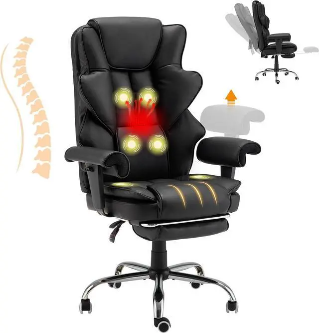 Main image of 6-Point Massage Office Chair,Heating Executive Chairs,Ergonomic Home Office Desk Chairs with Retractable Footrest and Reclining Function,Leather Computer Chair with Adjustable Armrest(Black)