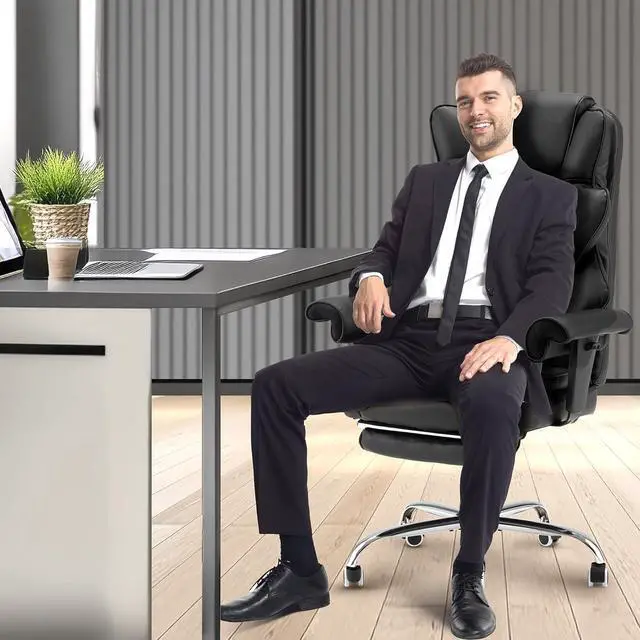 Alt view image 2 of 7 - 6-Point Massage Office Chair,Heating Executive Chairs,Ergonomic Home Office Desk Chairs with Retractable Footrest and Reclining Function,Leather Computer Chair with Adjustable Armrest(Black)