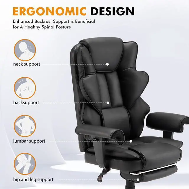 Alt view image 4 of 7 - 6-Point Massage Office Chair,Heating Executive Chairs,Ergonomic Home Office Desk Chairs with Retractable Footrest and Reclining Function,Leather Computer Chair with Adjustable Armrest(Black)