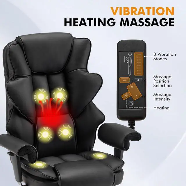 Alt view image 6 of 7 - 6-Point Massage Office Chair,Heating Executive Chairs,Ergonomic Home Office Desk Chairs with Retractable Footrest and Reclining Function,Leather Computer Chair with Adjustable Armrest(Black)