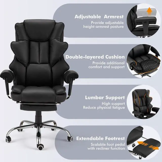 Alt view image 7 of 7 - 6-Point Massage Office Chair,Heating Executive Chairs,Ergonomic Home Office Desk Chairs with Retractable Footrest and Reclining Function,Leather Computer Chair with Adjustable Armrest(Black)