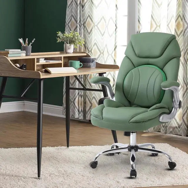 Main image of Modern Executive Office Chairs with Lumbar Support, 90-120° Rocking Managerial Chair Ergonomic PU Leather Home Office Desk Chairs with Wheels, Flip-up Arms & Back Support (Green)