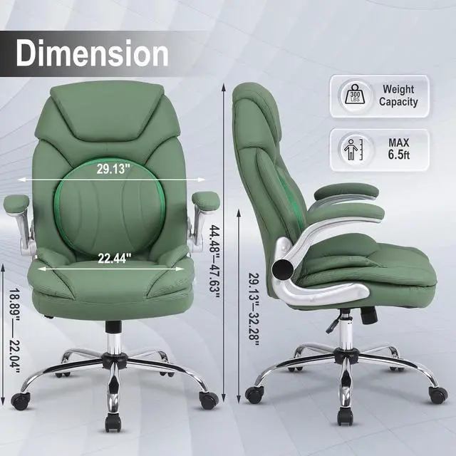Alt view image 2 of 7 - Modern Executive Office Chairs with Lumbar Support, 90-120° Rocking Managerial Chair Ergonomic PU Leather Home Office Desk Chairs with Wheels, Flip-up Arms & Back Support (Green)