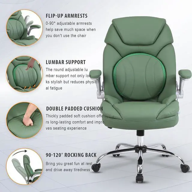 Alt view image 4 of 7 - Modern Executive Office Chairs with Lumbar Support, 90-120° Rocking Managerial Chair Ergonomic PU Leather Home Office Desk Chairs with Wheels, Flip-up Arms & Back Support (Green)
