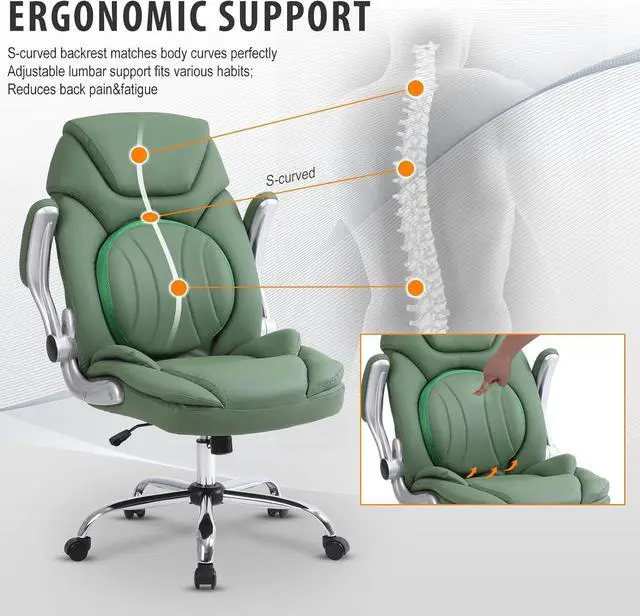 Alt view image 3 of 7 - Modern Executive Office Chairs with Lumbar Support, 90-120° Rocking Managerial Chair Ergonomic PU Leather Home Office Desk Chairs with Wheels, Flip-up Arms & Back Support (Green)
