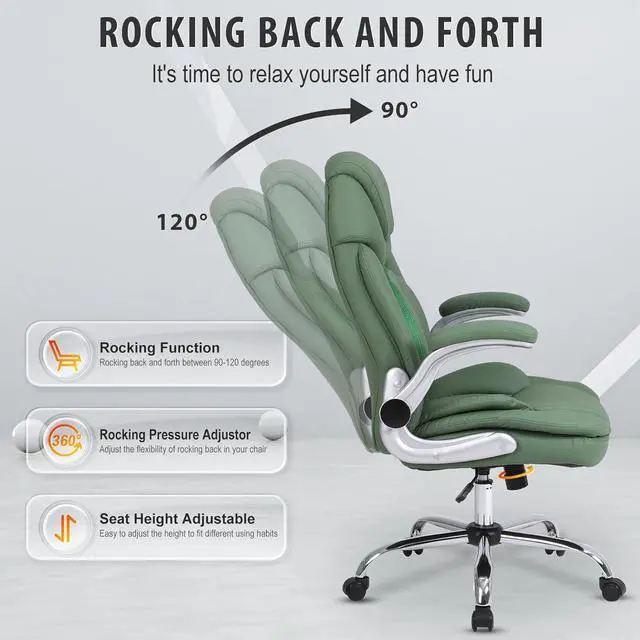 Alt view image 5 of 7 - Modern Executive Office Chairs with Lumbar Support, 90-120° Rocking Managerial Chair Ergonomic PU Leather Home Office Desk Chairs with Wheels, Flip-up Arms & Back Support (Green)