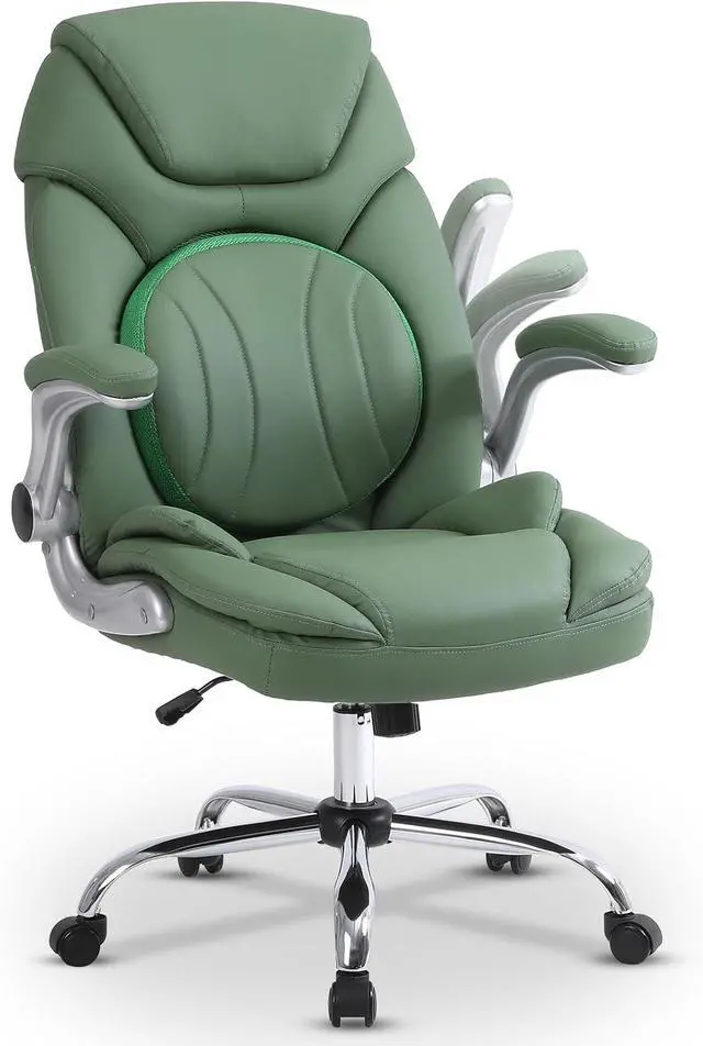 Alt view image 6 of 7 - Modern Executive Office Chairs with Lumbar Support, 90-120° Rocking Managerial Chair Ergonomic PU Leather Home Office Desk Chairs with Wheels, Flip-up Arms & Back Support (Green)