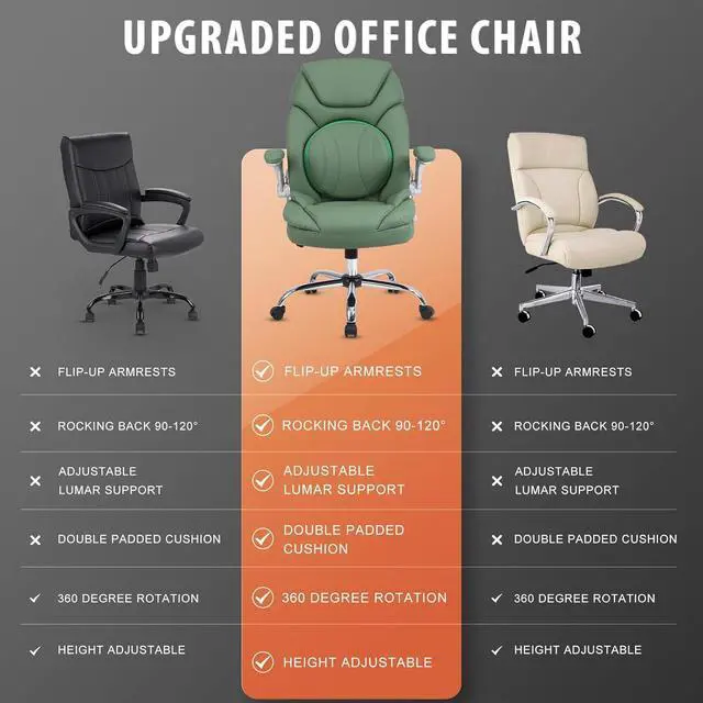 Alt view image 7 of 7 - Modern Executive Office Chairs with Lumbar Support, 90-120° Rocking Managerial Chair Ergonomic PU Leather Home Office Desk Chairs with Wheels, Flip-up Arms & Back Support (Green)