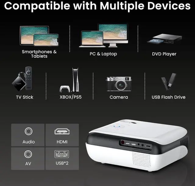 Alt view image 7 of 7 - HAPPRUN Native 1080P Bluetooth Projector, Full HD Portable Outdoor Movie Projector with Built-in Speaker, Compatible with Smartphone, HDMI, USB, AV, Fire Stick, PS5 for Home, Bedroom, Outdoor Use