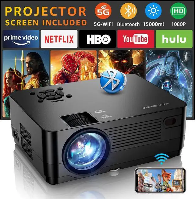 Main image of Projector with 5G WiFi and Bluetooth, Native 1080P Projector[Projector Screen Included], Full HD 18000LM Movie Projector, 300" Display Support 4k Home Theater, Compatible with Phone/Laptop/TV Stick