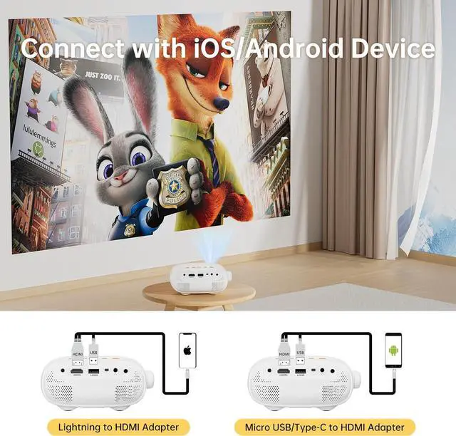 Alt view image 2 of 6 - Mini Portable Projector for iPhone - HD 1080P Support Pico Movie Projector to Watch Cartoon, Phone Projector Compatible with HDMI, USB, TV Stick, Laptop, iOS and Android