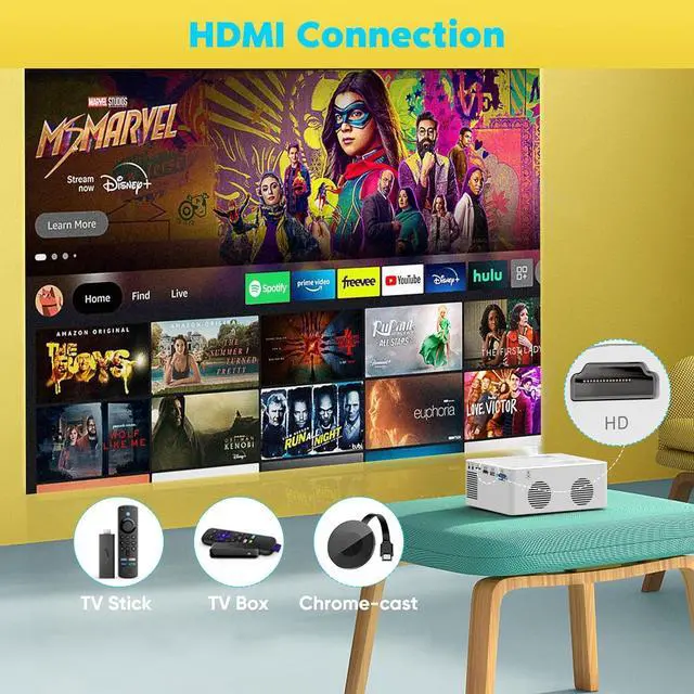 Alt view image 6 of 7 - Mini Bluetooth Projector, Full HD 1080P Supported Portable Outdoor Movie Projector for iOS, Android, Windows, Compatible with TV Stick/HDMI/Smartphone/PS4/USB [Remote Included]