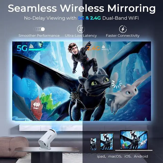 Alt view image 3 of 7 - Portable 4K Mini Projector with WiFi and Wireless Bluetooth, Smart Proyector with Android 11, Projector with apps built in, 270° Rotatable, Auto Keystone,35"-130" Screen,Projector 4K Ultra HD