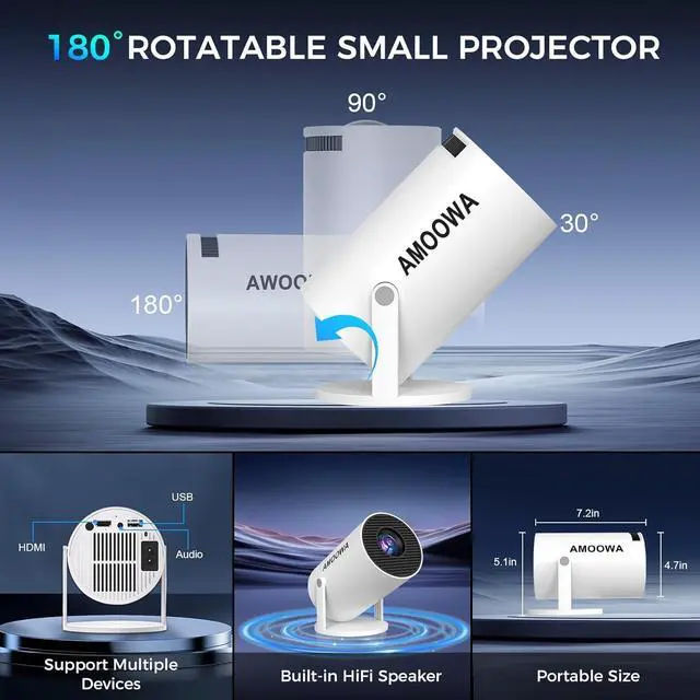Alt view image 5 of 7 - Portable 4K Mini Projector with WiFi and Wireless Bluetooth, Smart Proyector with Android 11, Projector with apps built in, 270° Rotatable, Auto Keystone,35"-130" Screen,Projector 4K Ultra HD