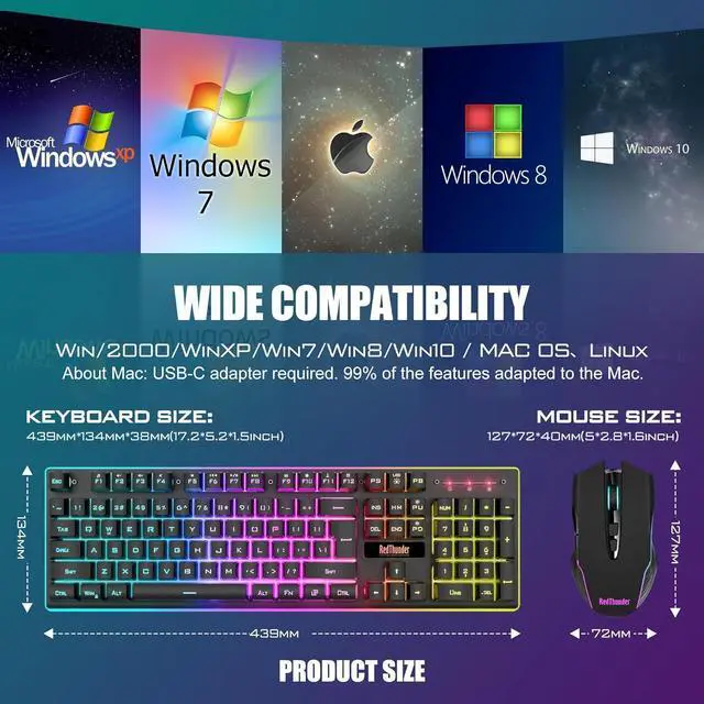 Alt view image 7 of 7 - K10 Wireless Gaming Keyboard and Mouse Combo, LED Backlit Rechargeable 3800mAh Battery, Mechanical Feel Anti-ghosting Keyboard + 7D 3200DPI Mice for PC Gamer (Black)