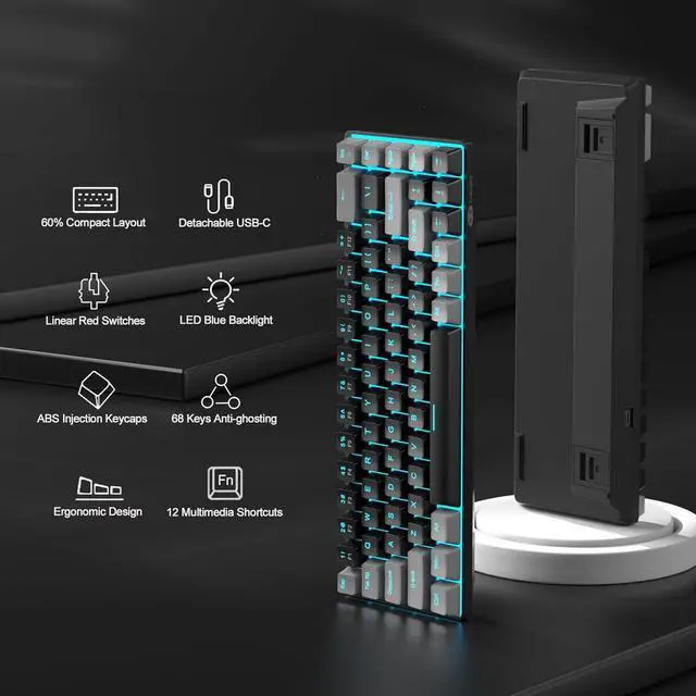 Alt view image 2 of 7 - Portable 60% Mechanical Gaming Keyboard, MK-Box LED Backlit Compact 68 Keys Mini Wired Office Keyboard with Red Switch for Windows Laptop PC Mac - Black/Grey