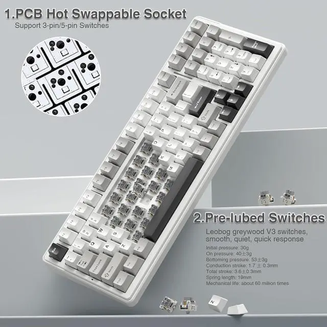 Alt view image 4 of 7 - AULA F99 Wireless Mechanical Keyboard,Tri-Mode BT5.0/2.4GHz/USB-C Hot Swappable Custom Keyboard,Pre-lubed Linear Switches,RGB Backlit Computer Gaming Keyboards for PC/Tablet/PS/Xbox