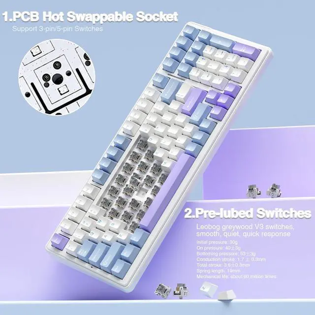 Alt view image 4 of 7 - AULA F99 Wireless Mechanical Keyboard,Tri-Mode BT5.0/2.4GHz/USB-C Hot Swappable Custom Keyboard,Pre-lubed Linear Switches,Gasket Structure,RGB Backlit Gaming Keyboard for PC/Tablet/Xbox/PS4/PS5