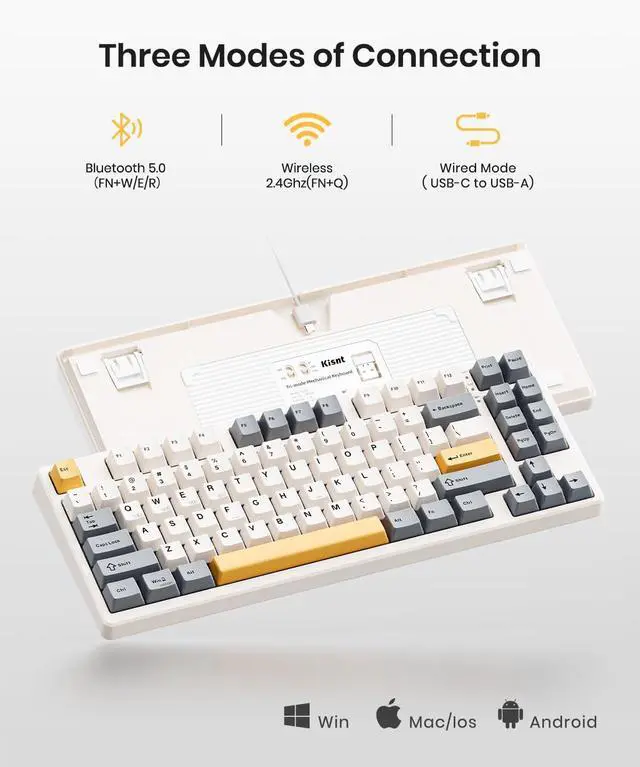 Alt view image 3 of 7 - Wireless Mechanical Keyboard,Gasket Mounted with Creamy Sound,Bluetooth/2.4GHz/USB-C,Custom Hot Swappable,RGB Backlit,75% Compact Layout for Gaming/Typing/Win/Mac/PC (Retro Beige,Linear Switch)