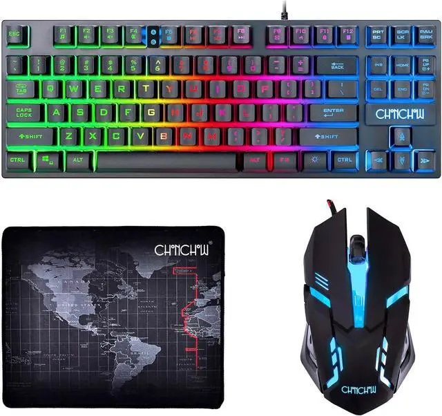 Main image of 87 Keys TKL Gaming Keyboard and Mouse Combo, Wired LED Rainbow Backlit Keyboard 800-3200 DPI RGB Mouse, Gaming for PS4 Xbox PC Laptop Mac