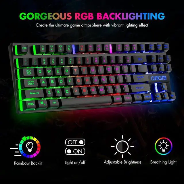 Alt view image 2 of 7 - 87 Keys TKL Gaming Keyboard and Mouse Combo, Wired LED Rainbow Backlit Keyboard 800-3200 DPI RGB Mouse, Gaming for PS4 Xbox PC Laptop Mac