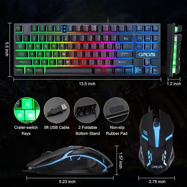 Alt view image 4 of 7 - 87 Keys TKL Gaming Keyboard and Mouse Combo, Wired LED Rainbow Backlit Keyboard 800-3200 DPI RGB Mouse, Gaming for PS4 Xbox PC Laptop Mac