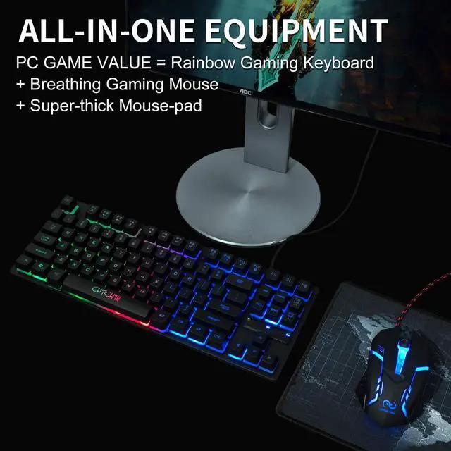 Alt view image 7 of 7 - 87 Keys TKL Gaming Keyboard and Mouse Combo, Wired LED Rainbow Backlit Keyboard 800-3200 DPI RGB Mouse, Gaming for PS4 Xbox PC Laptop Mac
