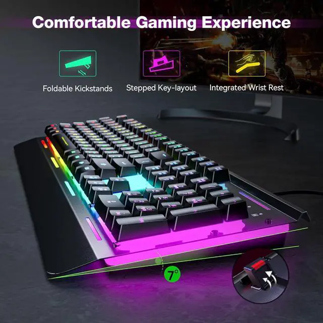 Alt view image 2 of 7 - Gaming Keyboard, USB Wired Computer Keyboard, 15-Zone RGB Illumination, IP32 Water Resistance, 25 Anti-ghosting Keys, All-Metal Panel (Whisper Quiet Gaming Switch)