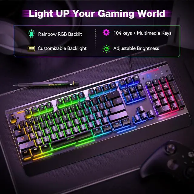 Alt view image 3 of 7 - Gaming Keyboard, USB Wired Computer Keyboard, 15-Zone RGB Illumination, IP32 Water Resistance, 25 Anti-ghosting Keys, All-Metal Panel (Whisper Quiet Gaming Switch)