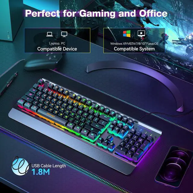 Alt view image 5 of 7 - Gaming Keyboard, USB Wired Computer Keyboard, 15-Zone RGB Illumination, IP32 Water Resistance, 25 Anti-ghosting Keys, All-Metal Panel (Whisper Quiet Gaming Switch)