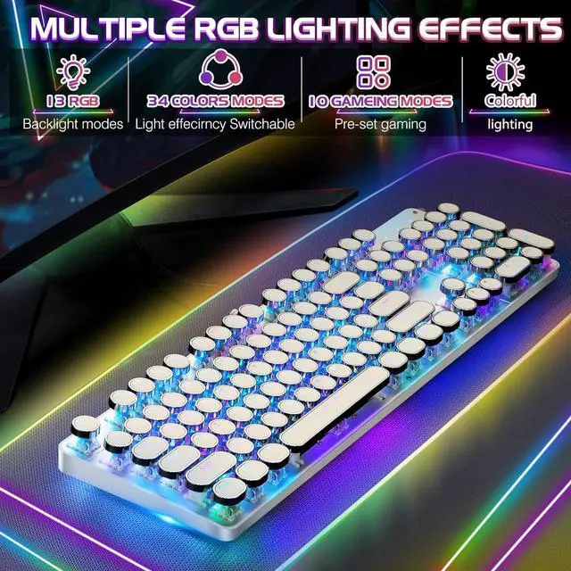 Alt view image 2 of 7 - Typewriter Style Mechanical Gaming Keyboard RGB Backlit Wired with Blue Switch Retro Round Keycap 104 Keys Keyboard (White 104 Keys RGB)