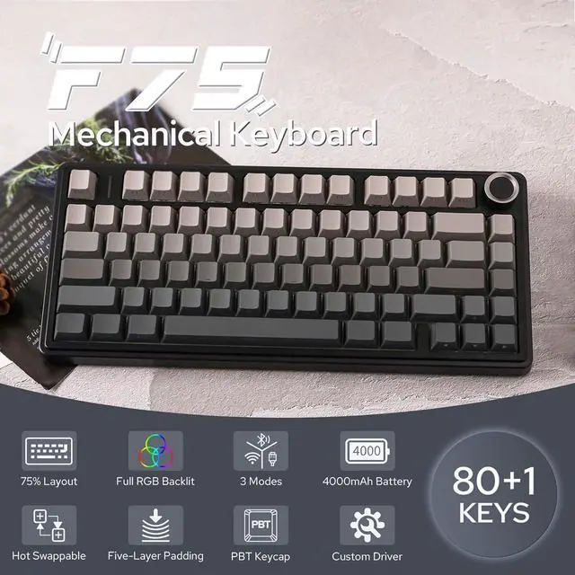 Alt view image 2 of 7 - Aula F75 Gasket Mechanical Keyboard, 75% Wireless Hot Swappable Gaming Keyboard with Five-Layer Padding&Knob, Bluetooth/2.4GHz/USB-C, RGB (Black Gradient, LEOBOG Reaper Switch)