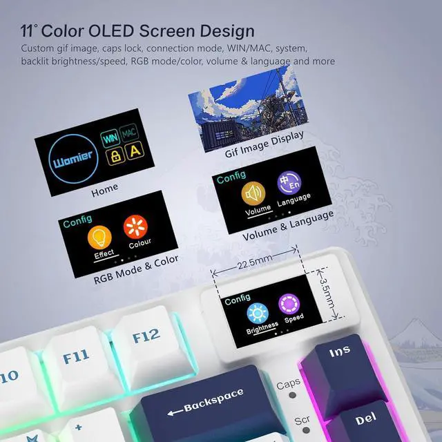 Alt view image 2 of 6 - S-K80 75% Keyboard with Color Multimedia Display Mechanical Gaming Keyboard, Wired Hot Swappable Gasket Mount RGB Custom Key Board, Pre-lubed Stabilizer for Mac/Win, White Kanagawa
