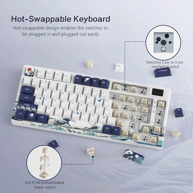 Alt view image 4 of 6 - S-K80 75% Keyboard with Color Multimedia Display Mechanical Gaming Keyboard, Wired Hot Swappable Gasket Mount RGB Custom Key Board, Pre-lubed Stabilizer for Mac/Win, White Kanagawa