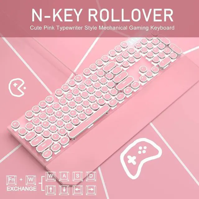 Alt view image 2 of 7 - Camiysn Typewriter Style Mechanical Gaming Keyboard, Pink Retro Punk Gaming Keyboard with White Backlit, 104 Keys Blue Switch Wired Cute Keyboards, Round Keycaps for Windows/Mac/PC