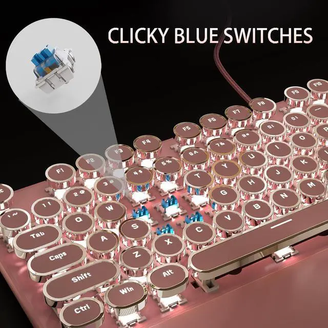 Alt view image 3 of 7 - Camiysn Typewriter Style Mechanical Gaming Keyboard, Pink Retro Punk Gaming Keyboard with White Backlit, 104 Keys Blue Switch Wired Cute Keyboards, Round Keycaps for Windows/Mac/PC